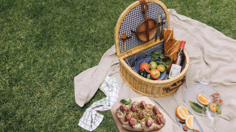 Пикник на поляна, вино, плодове, пинса